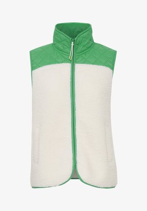 Zaļš kviltots veste ar baltu mākslīgo kažoku priekšpusē, augsts apkakle, priekšējā rāvējslēdzēja aizdare un sānu kabatas, ar kontrastējošām auduma paneļiem.