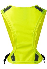 Gelbes reflektierendes Sicherheitsweste mit leichtem Mesh-Design, verstellbaren Trägern und schwarzen reflektierenden Akzenten auf den Schultern.