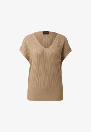 Pull beige à manches courtes en tricot avec motif en chevron, col en V et ourlet côtelé, portant l'étiquette "s.Oliver".