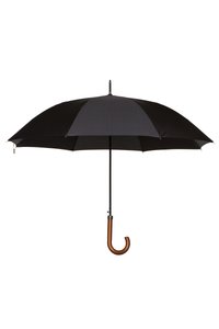 Czarny parasol z zakrzywioną drewnianą rączką, metalowym stelażem i gładkim materiałowym daszkiem. Klasyczny design z ośmioma panelami.