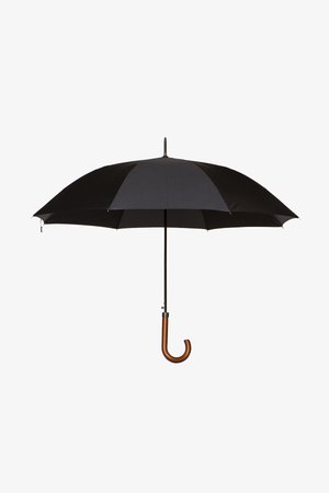 Czarny parasol z zakrzywioną drewnianą rączką, metalowym stelażem i gładkim materiałowym daszkiem. Klasyczny design z ośmioma panelami.