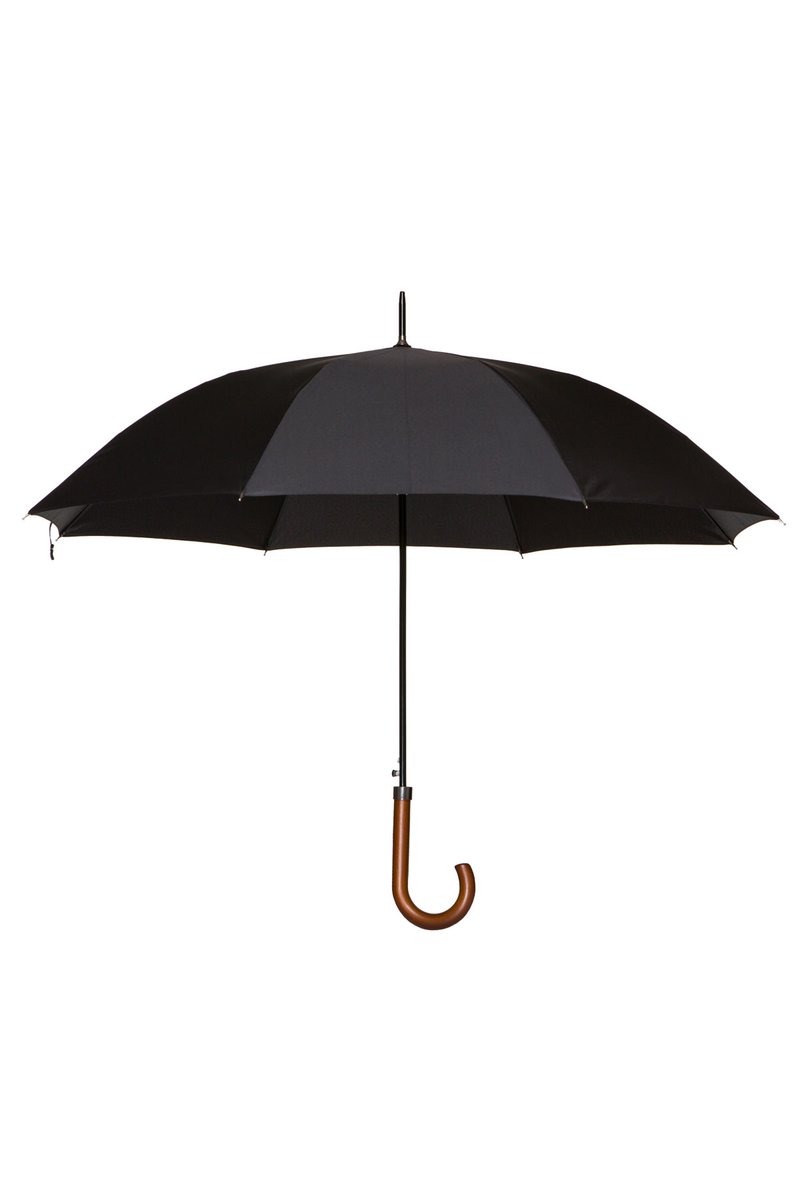 Czarny parasol z zakrzywioną drewnianą rączką, metalowym stelażem i gładkim materiałowym daszkiem. Klasyczny design z ośmioma panelami.