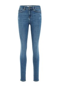 Úzké džíny v středně modrém denimu, vysoký pas s knoflíkovým zapínáním, pět kapes, mírné vyblednutí na nohách a akcenty v šití.
