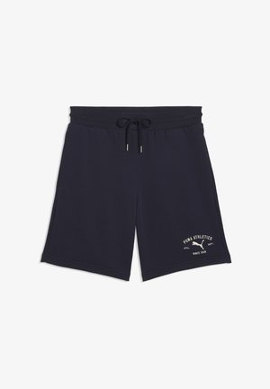 Pantaloncini sportivi in cotone blu navy con vita elastica e coulisse; presenta una stampa del logo frontale color crema sulla coscia sinistra.