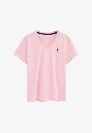 Lyserød kortærmet V-hals T-shirt med lille sort polo-spiller logo på venstre bryst og mærket "Polo Club" indeni kraven.