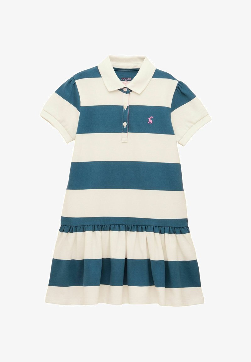 Robe polo à manches courtes avec de larges rayures horizontales bleues et blanches et un logo rose brodé sur la poitrine.