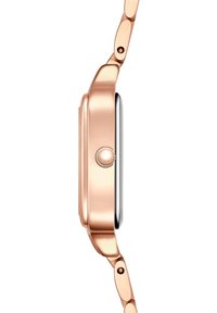 Roosa kuldne nutikell, millel on sujuv ümar korpus, hõbedane ekraani äär ja käevõru, millel on lingid, mis võimaldavad paindlikkust.