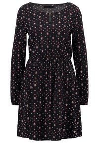 Svart klänning med långa ärmar och rund halsringning. Har blommiga och diamantmönster i rött och vitt. Elastisk midja för en figurnära look.