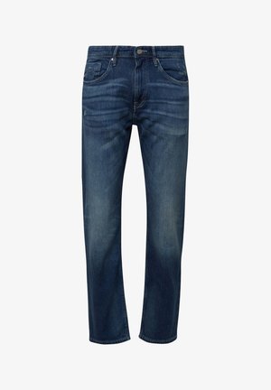 Dunkelblaue Denim-Jeans mit einer verblassten Waschung, standardmäßiger Fünf-Taschen-Design, gerades Bein und dezenten Nähdetails an den Taschen.