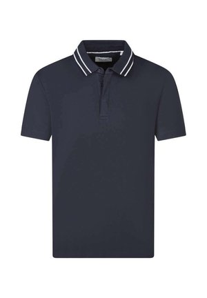 Polo bleu marine à manches courtes avec patte de boutonnage à deux boutons et col orné de deux bandes blanches.