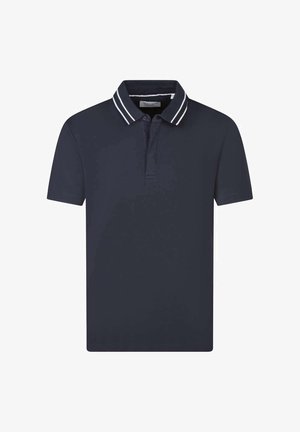 Polo bleu marine à manches courtes avec patte de boutonnage à deux boutons et col orné de deux bandes blanches.