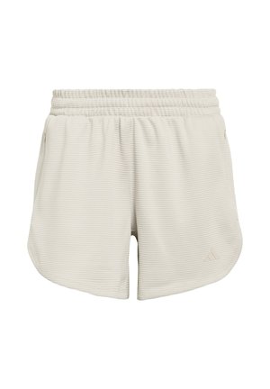 Lichtbeige korte broek met een gestructureerd, wafelachtig patroon. Voorzien van een elastische tailleband en schuin geplaatste zijzakken. Klein logo zichtbaar.