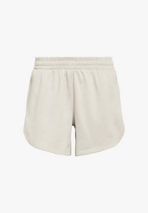 Lichtbeige korte broek met een gestructureerd, wafelachtig patroon. Voorzien van een elastische tailleband en schuin geplaatste zijzakken. Klein logo zichtbaar.