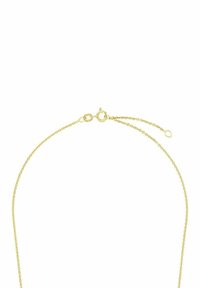 Collana in catena tono oro con delicate maglie, dotata di un piccolo cinturino rotondo e di una lunghezza regolabile con una breve catena di estensione.