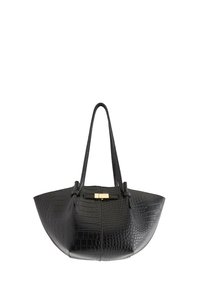 Borsa a tracolla in pelle nera effetto coccodrillo con forma allungata, due tracolle e una piccola chiusura in oro satinato al centro superiore.