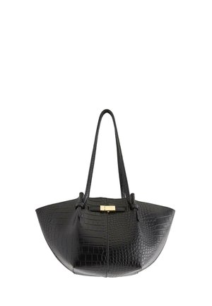 Black crocodile-textured leather handbag with an elongated shape, two shoulder straps, and a small gold-tone clasp at the top center.