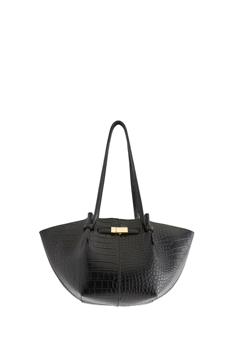 Borsa a tracolla in pelle nera effetto coccodrillo con forma allungata, due tracolle e una piccola chiusura in oro satinato al centro superiore.