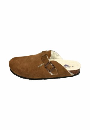 Brown suede slip-on clog with a faux fur lining, adjustable strap, and a black rubber sole. Features a rounded toe and cutout design details.
