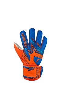 Guante de portero en azul y naranja. Agarre texturizado con patrones geométricos, pulgar reforzado y correa ajustable en la muñeca para un ajuste seguro.