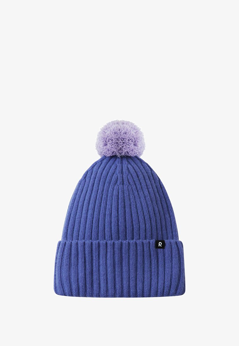 Purple knit beanie with a ribbed texture, featuring a fluffy lavender pom-pom on top and a small black label on the side.