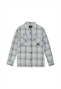 Koszula w kratę w jasnoniebieskim, szarym i kremowym kolorze; posiada dwie kieszenie na piersi, zapięcie na guziki oraz kołnierz. Wykonana z miękkiego materiału.