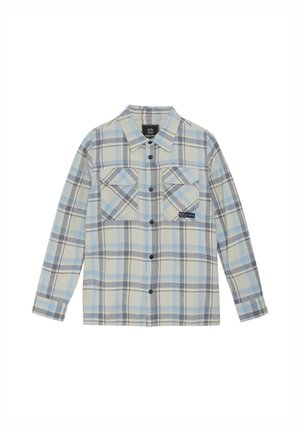 Geruite shirt in lichtblauw, grijs en crème; heeft twee borstzakken, knoopsluiting en een kraag. Gemaakt van zachte stof.