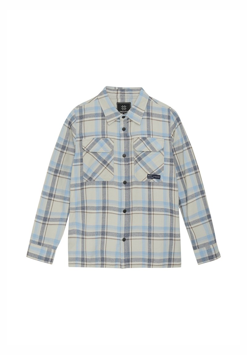 Koszula w kratę w jasnoniebieskim, szarym i kremowym kolorze; posiada dwie kieszenie na piersi, zapięcie na guziki oraz kołnierz. Wykonana z miękkiego materiału.