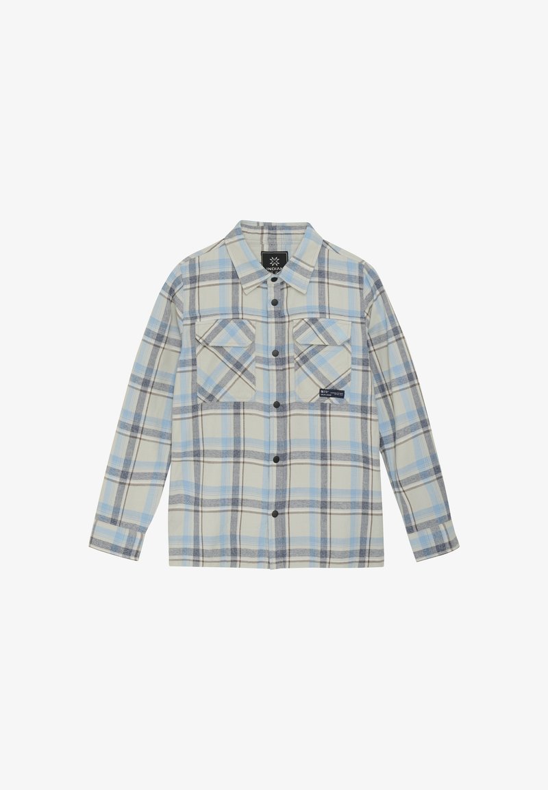 Koszula w kratę w jasnoniebieskim, szarym i kremowym kolorze; posiada dwie kieszenie na piersi, zapięcie na guziki oraz kołnierz. Wykonana z miękkiego materiału.