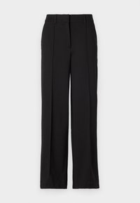 Pantalon noir à jambes larges avec une texture de tissu lisse, comprenant deux plis avant et une ceinture ajustée sans attaches visibles.