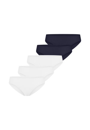 Viisi bikinimallista alushousua rivissä, etualalla kolme valkoista paria ja takana kaksi tummansinistä paria, valkoisella taustalla.