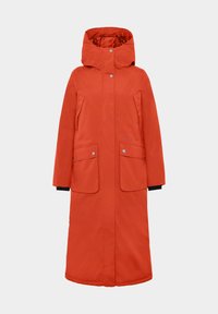 Long, hooded parka in bright orange, made of smooth fabric. Features snap-button closure and two large front pockets. Black inner cuffs.