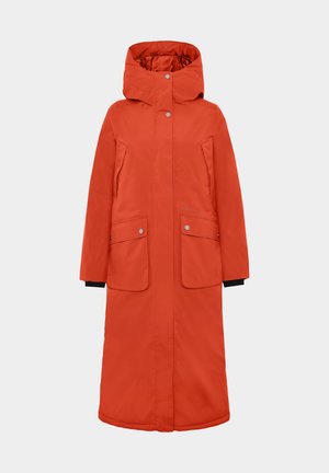 Lang, hætteparka i klar orange, lavet af glat stof. Har trykknaplukning og to store frontlommer. Sorte indvendige manchetter.