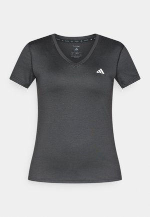 Schwarzes Sport-T-Shirt mit kurzen Ärmeln, V-Ausschnitt und strukturiertem Stoff. Verfügt über ein kleines weißes Logo auf der oberen linken Seite.