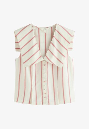 Biała bluzka bez rękawów z szerokim kołnierzem, czerwonymi pionowymi paskami i zapięciem na guziki z przodu, wykonana z tkaniny z domieszką lnu.