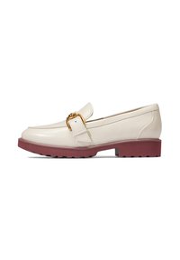 Cream-colored leather loafer with a gold buckle accent and a burgundy rubber sole. Features a low heel and stitched detailing.