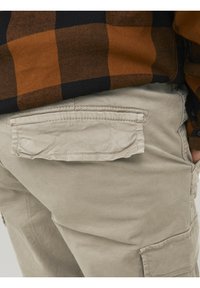 Personne portant un pantalon cargo beige avec un rabat sur la poche arrière et une chemise à carreaux marron et noir visible à la taille.