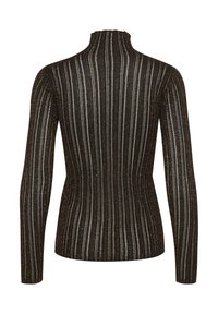 Långärmad svart polotröja med vertikala silver- och guldmetalliska ränder, ribbad textur, figurnära midja, visad bakifrån.