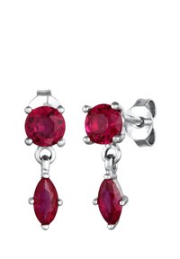 Rubin-Ohrhänger mit runden und marquisförmigen roten Edelsteinen, die in Silber eingefasst sind, mit einer polierten Oberfläche und sicherem Steckverschluss.