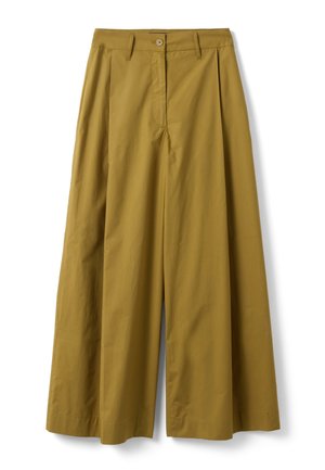 Pantalones cropped de tiro alto y pierna ancha en color mostaza con trabillas para cinturón, cierre frontal con botón y cremallera.