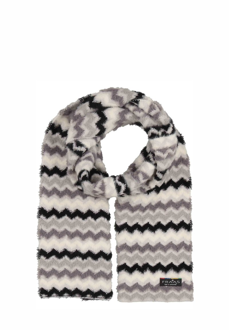 Scarf in pelliccia sintetica con motivo a zigzag in grigio, nero e bianco. Tessuto morbido; presenta un'etichetta con logo a un'estremità.