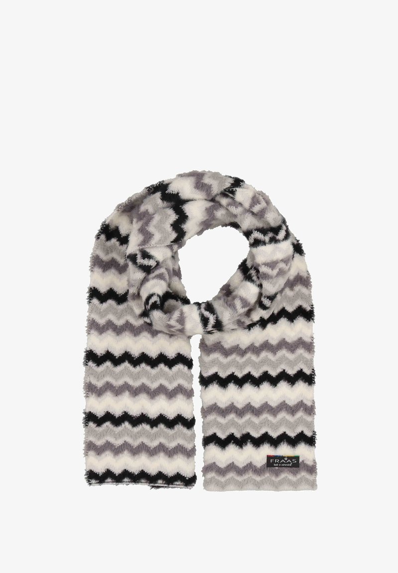 Scarf in pelliccia sintetica con motivo a zigzag in grigio, nero e bianco. Tessuto morbido; presenta un'etichetta con logo a un'estremità.