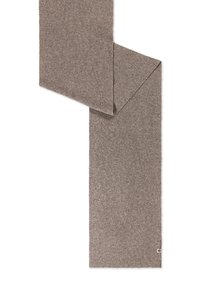 Brown ribbed scarf made from soft material, featuring a rectangular shape with a small label on one end and a smooth texture.