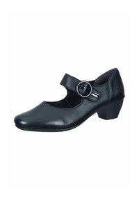 Zapato Mary Jane de cuero negro con punta redonda, un pequeño tacón y una correa ajustable con un acento de hebilla redonda. Textura suave.