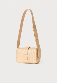 Woven beige handbag with a rectangular shape, a smooth leather shoulder strap, and a buckle closure. Features a logo accent on the front.