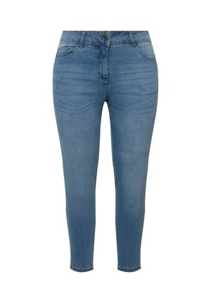 Blaue Jeans aus Denim mit schlanker Passform, hochgeschnitten, Knopfverschluss und Fünf-Taschen-Design. Glatte Textur und lässiger Stil.