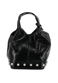 Borsa a tracolla in ecopelle nera con un design morbido, caratterizzata da una superficie testurizzata e dettagli metallici con borchie simili a perle lungo la base.