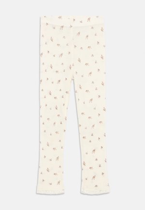 Colanți pentru copii de culoare crem, cu modele florale mici maro și dantelă la tivuri.