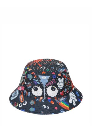 Dunkler Bucket Hat mit bunten Cartoon-Augen, Händen, die Frieden zeigen und zeigen, Sternen, Regenbögen und verschiedenen verspielten Kritzeleien.