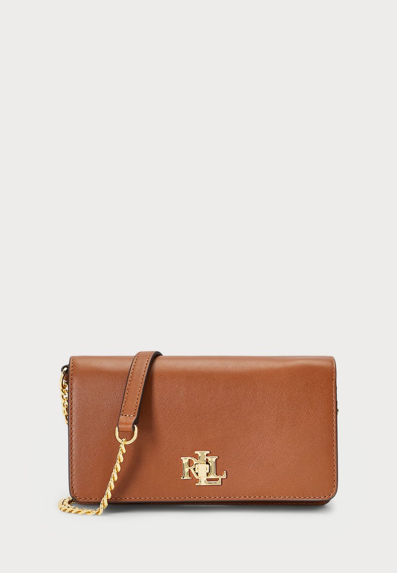 Brown leather wallet with a gold-tone logo on the front, featuring a detachable chain strap and a smooth texture.