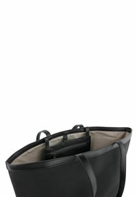 Sac fourre-tout noir avec un extérieur lisse, doté de deux poignées. Intérieur doublé en beige avec une poche zippée et des compartiments d'organisation.